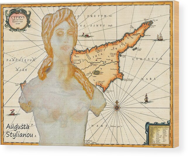 Augusta Stylianou Wood Print featuring the digital art Ancient Cyprus Map and Aphrodite #32 by Augusta Stylianou