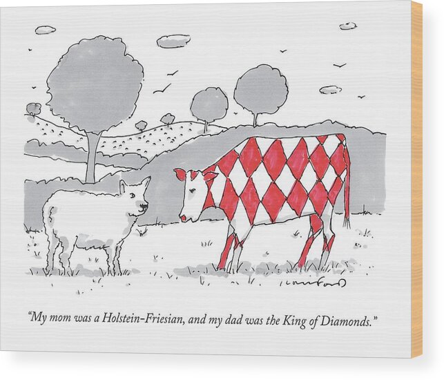 Cows Wood Print featuring the drawing A Cow With A Red Diamond Spots Talks To Another by Michael Crawford