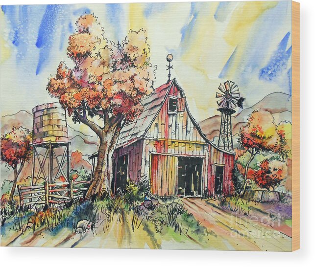 Barnyard Wood Print featuring the painting A Deserted Barnyard by Terry Banderas