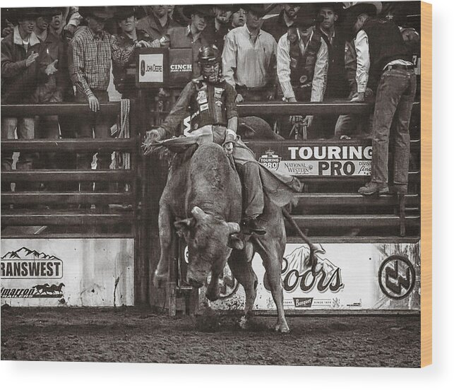 Bull Riding Wood Print featuring the photograph A Lot of Bull at the National Stock Show- sepia by Priscilla Burgers