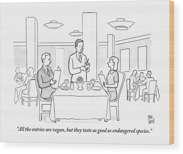 Waiters Wood Print featuring the drawing A Waiter Addresses A Couple Who Are Seated by Paul Noth