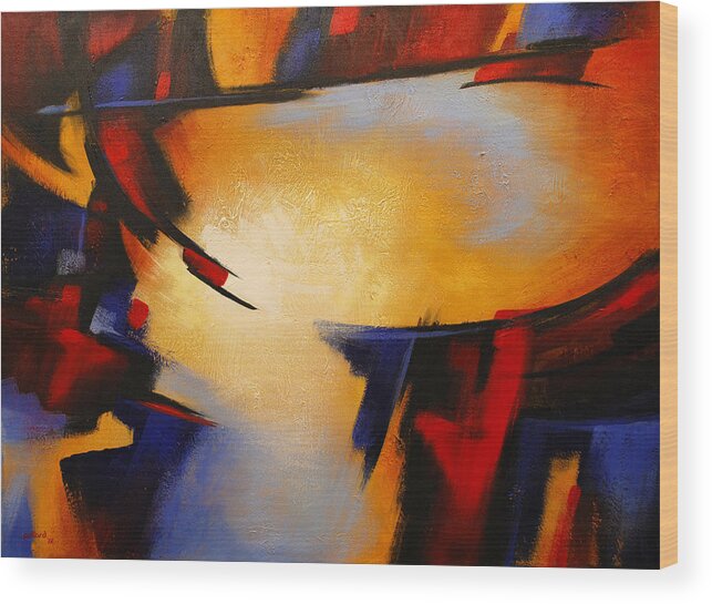 Abstract Wood Print featuring the painting Abstract Red Blue Yellow by Glenn Pollard