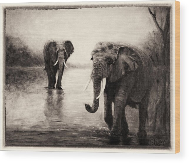 African Elephants Wood Print featuring the painting African Elephants at Sunset by Sher Nasser
