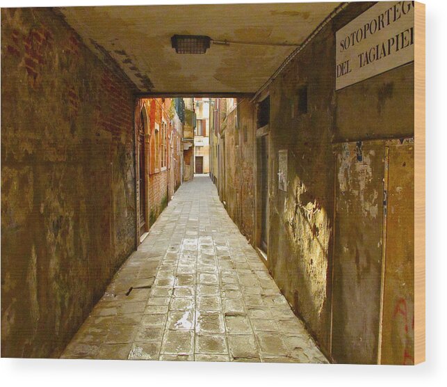 Venice Italy Alley Alleyway Sunlight Soft Sun Rainbow Peace Solitude Walking Sunray Italian Sign Stone Wall Square Rectangle Spiral Wood Print featuring the photograph Alley in a Box by Lexi Heft