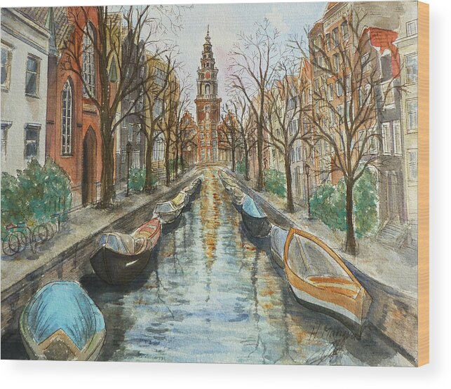 Architecture Wood Print featuring the painting Amsterdam by Henrieta Maneva