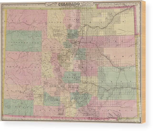 Colorado Wood Print featuring the drawing Antique Map of Colorado by G.W. and C.B. Colton and Co. - 1878 by Blue Monocle