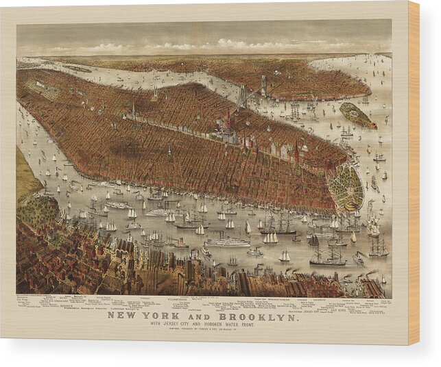 New York City Wood Print featuring the drawing Antique Map of New York City by Currier and Ives - circa 1877 by Blue Monocle