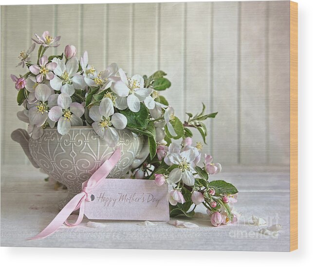Apple Wood Print featuring the photograph Apple blossom flowers in vase with gift card by Sandra Cunningham