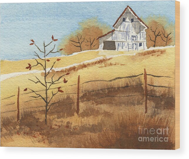 Watercolor Painting Wood Print featuring the painting Barn in Autumn by Beverly Claire Kaiya