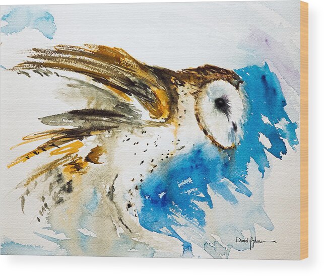 Birds Wood Print featuring the painting DA145 Barn Owl Ruffled Daniel Adams by Daniel Adams