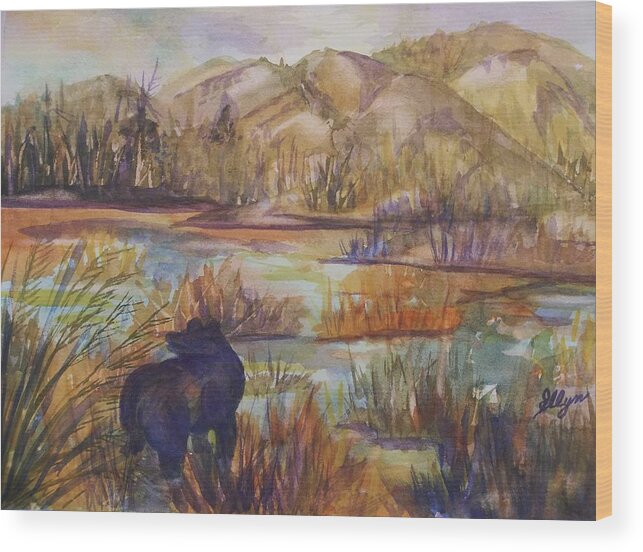 Black Bear Wood Print featuring the painting Bear in the Slough by Ellen Levinson