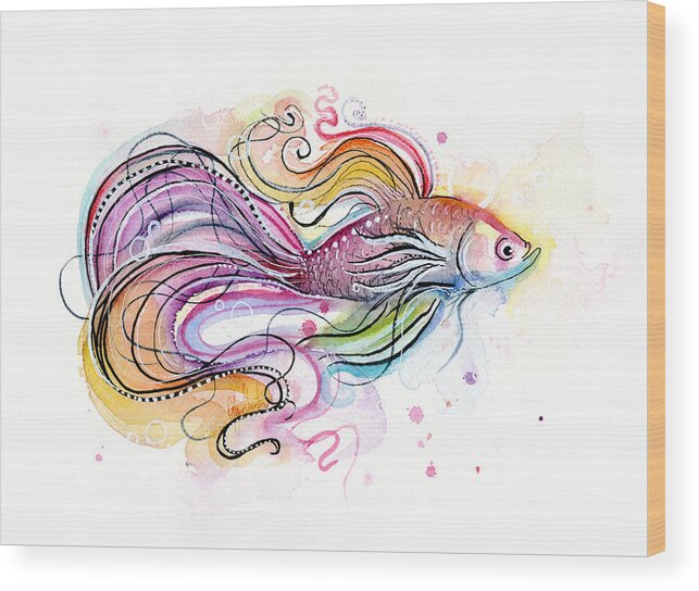 Fish Wood Print featuring the painting Betta Fish Watercolor by Olga Shvartsur