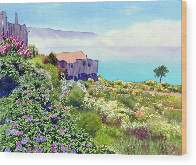 Big Sur Wood Print featuring the painting Big Sur Cottage by Mary Helmreich