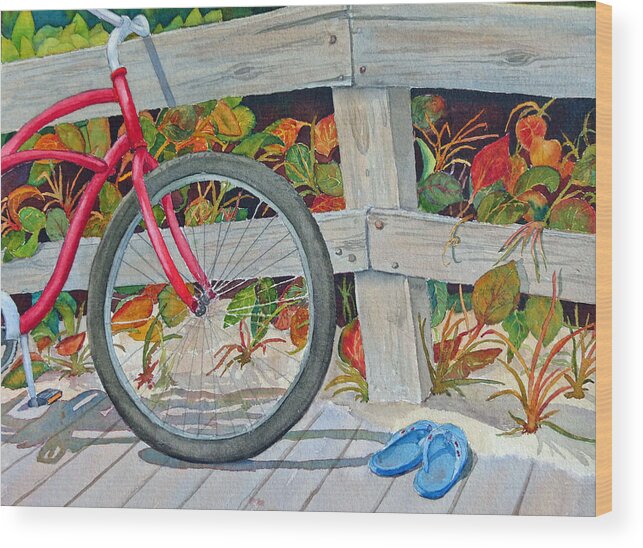 Beach Wood Print featuring the painting Bike to the Beach by Judy Mercer