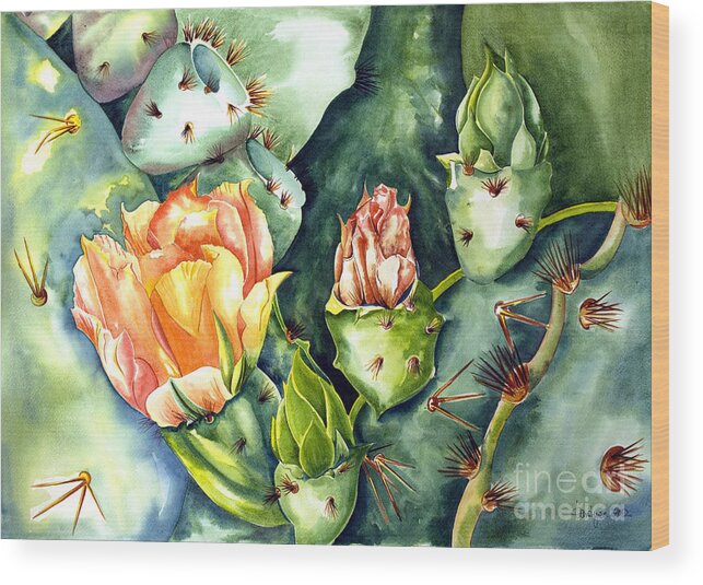 Cactus Wood Print featuring the painting Blooming Cactus II by Kandyce Waltensperger