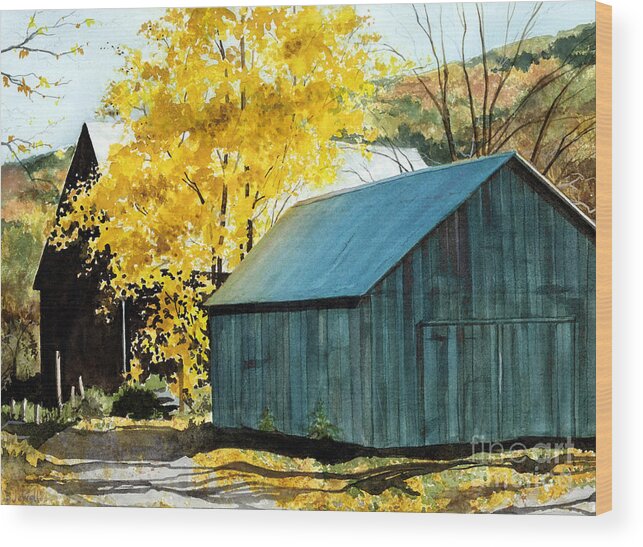 Blue Barn Wood Print featuring the painting Blue Barn by Barbara Jewell