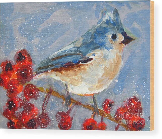Blue Bird Wood Print featuring the painting Blue Bird in Winter - Tuft titmouse Modern Impressionist Art by Patricia Awapara