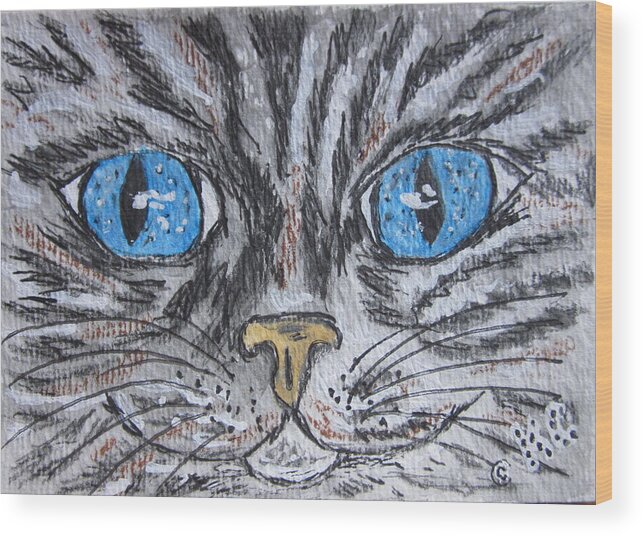 Blue Eyes Wood Print featuring the painting Blue Eyed Stripped Cat by Kathy Marrs Chandler