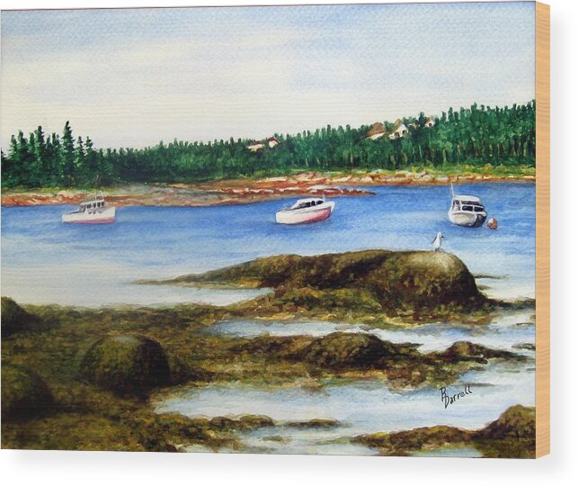 Watercolor;boats;maine;mooring;island Wood Print featuring the digital art Boat Moorings By Slin's Island by Ric Darrell