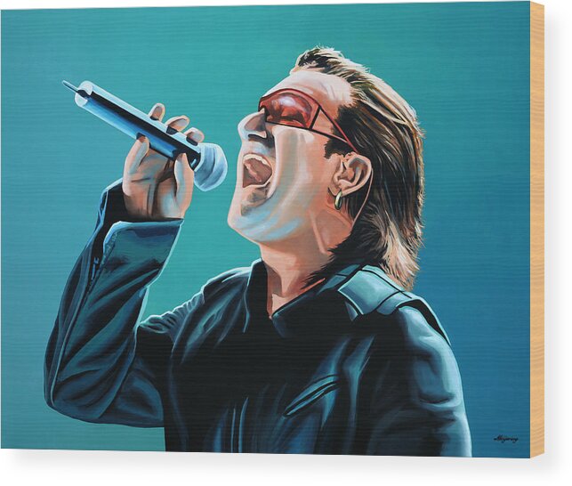 Rock And Roll Wood Print featuring the painting Bono of U2 Painting by Paul Meijering