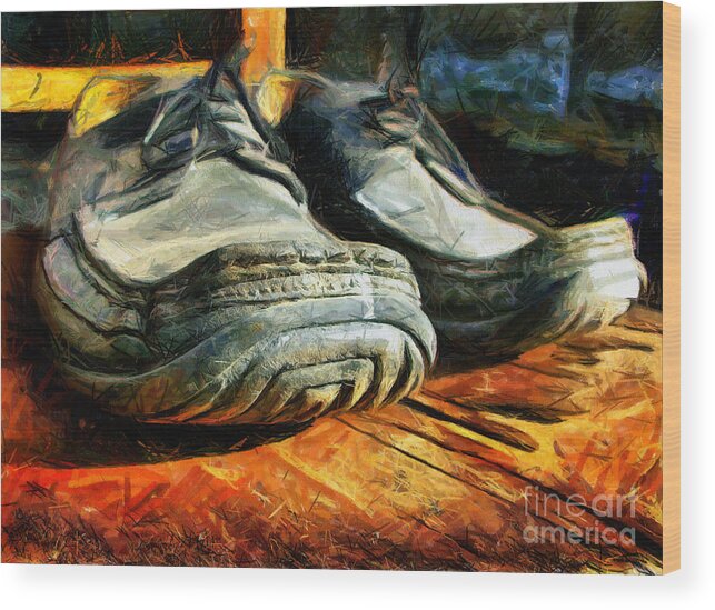 Shoes Wood Print featuring the mixed media Boogie Shoes - Walking story - Drawing by Daliana Pacuraru