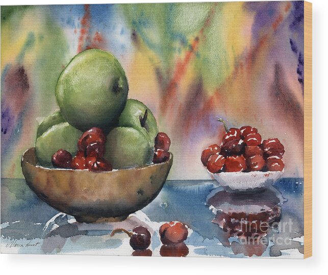 Apples And Cherries Wood Print featuring the painting Apples in a Wooden Bowl With Cherries on the Side by Maria Hunt