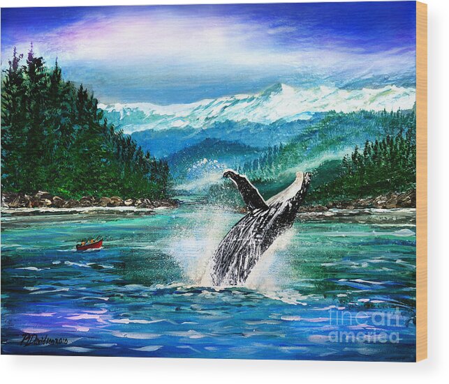 Breaching Whale Wood Print featuring the painting Breaching Humpback Whale by Pat Davidson