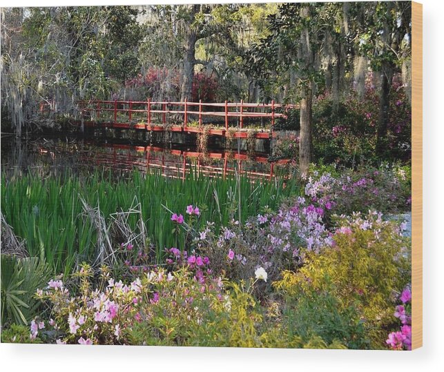 Red Wood Print featuring the photograph Bridge and Floral by Jeff Bjune 