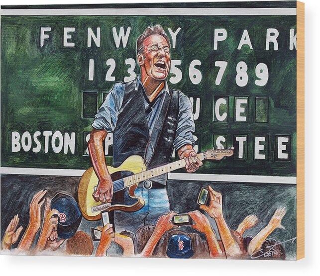 Bruce Springsteen Wood Print featuring the drawing Bruce Springsteen at Fenway Park by Dave Olsen