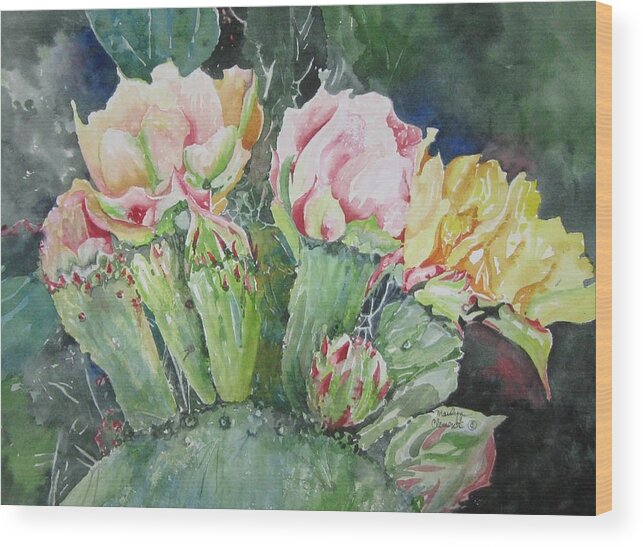 Cactus Wood Print featuring the painting Cactus Blooms by Marilyn Clement