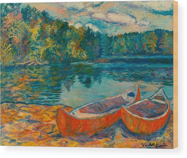 Landscape Wood Print featuring the painting Canoes at Mountain Lake by Kendall Kessler