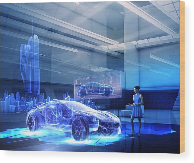 Internet Wood Print featuring the photograph Caucasian woman examining hologram of car by Colin Anderson Productions pty ltd