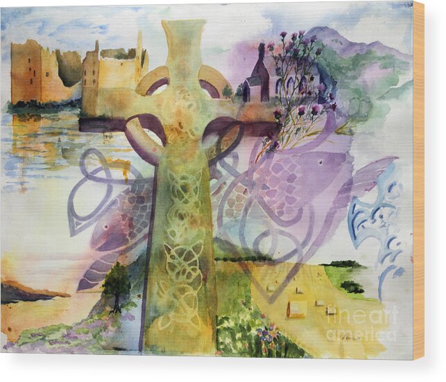 Celtic Cross Wood Print featuring the painting Inspired By Ancient Designs by Maria Hunt