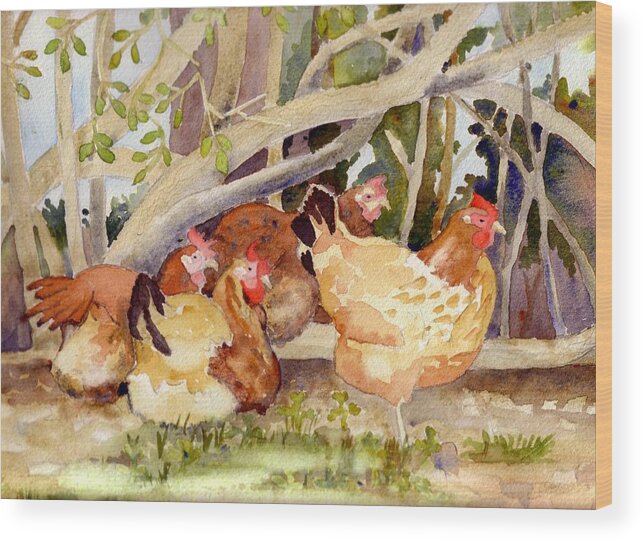 Hen Wood Print featuring the painting Chickens in the Hedge II by Christine Burn