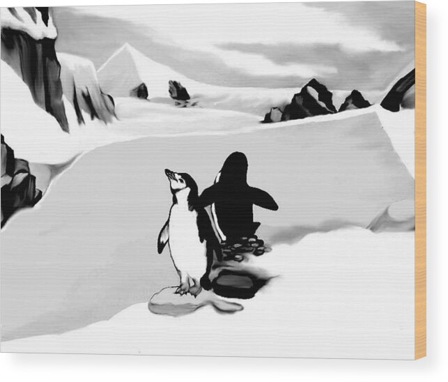 Chin Strap Penguins Wood Print featuring the drawing Chin Strap Penguins by Anthony Seeker