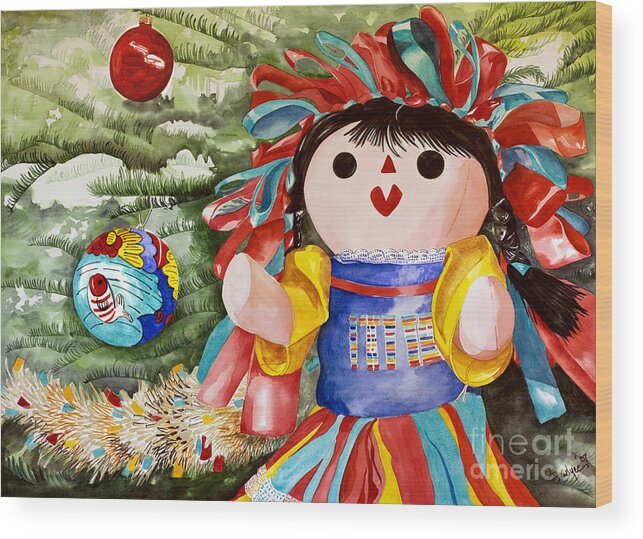 Christmas Doll Wood Print featuring the painting Christmas Muneca by Kandyce Waltensperger