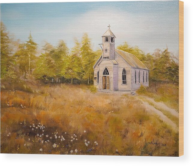 Landscape Wood Print featuring the painting Church on the Hill by Alan Lakin
