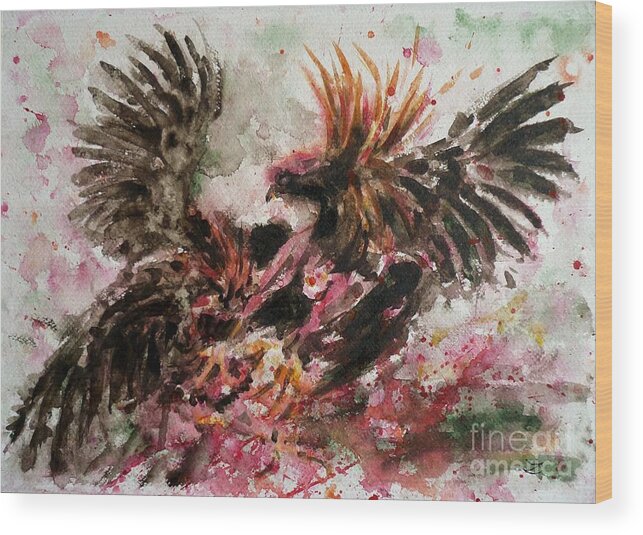 Fighting Roosters Wood Print featuring the painting Cockfight by Zaira Dzhaubaeva