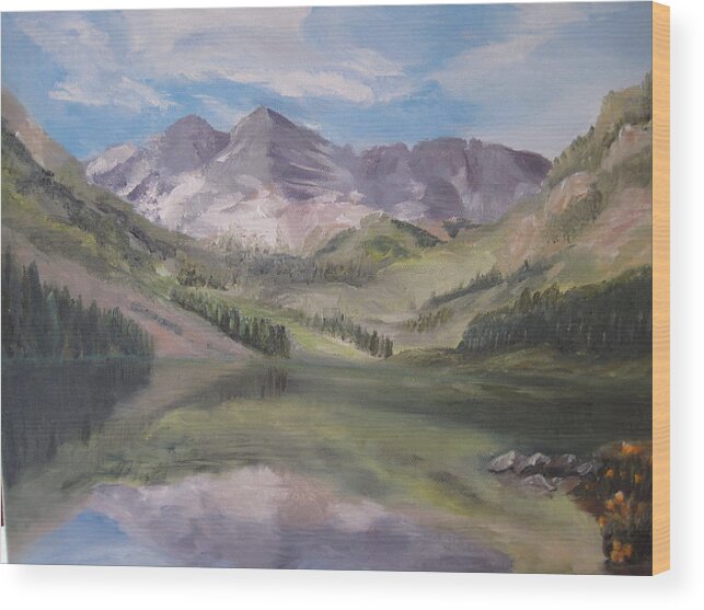 Colorado Mountain Setting With Lake Wood Print featuring the painting Colorado reflections by Roberta Rotunda