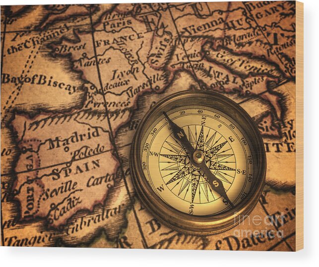 Ancient Wood Print featuring the photograph Compass and Ancient Map of Europe by Colin and Linda McKie