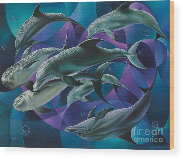 Dolphins Wood Print featuring the painting Corazon del Mar by Ricardo Chavez-Mendez