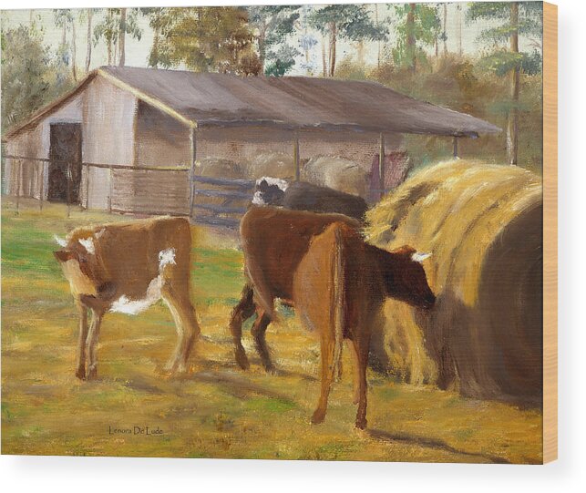 Louisiana Wood Print featuring the painting Cows Hay and Barn in Louisiana by Lenora De Lude