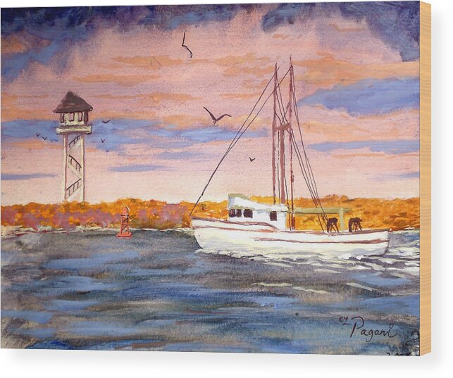 Fishing Boat Wood Print featuring the painting Crossing The Tillamook Bay Bar by Chriss Pagani