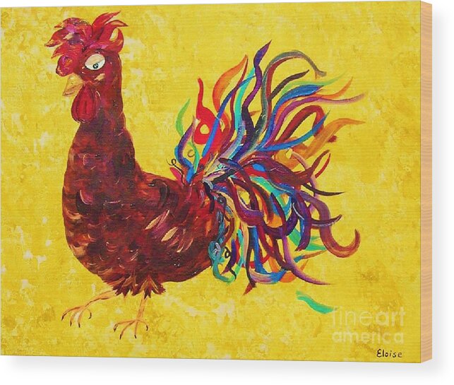Rooster Wood Print featuring the painting De Colores Rooster by Eloise Schneider Mote