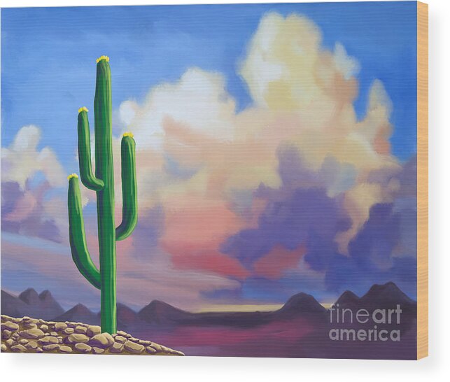 Desert Wood Print featuring the painting Desert Cactus at Sunset by Tim Gilliland