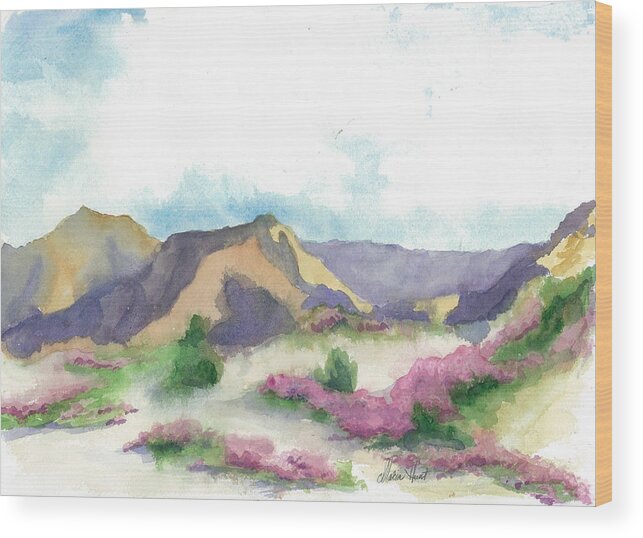 Landscape Wood Print featuring the painting At Home in the Bloomin' Desert  by Maria Hunt