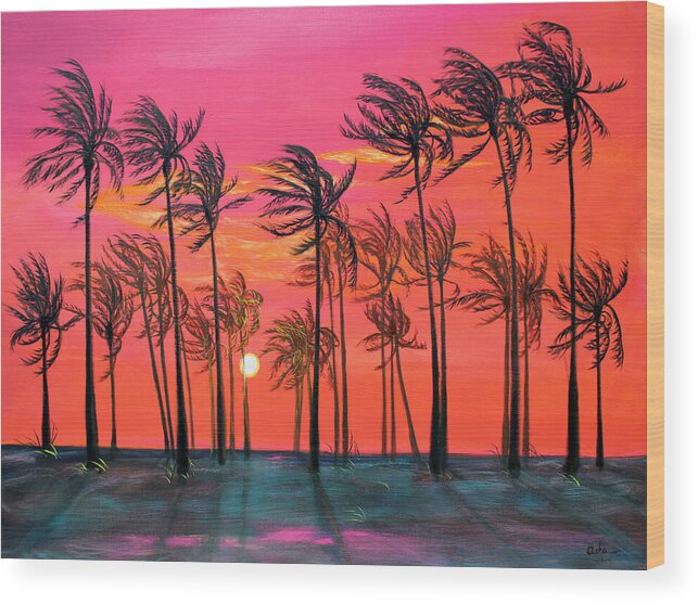 Landscape Painting Wood Print featuring the painting Desert Palm Trees at Sunset by Asha Carolyn Young