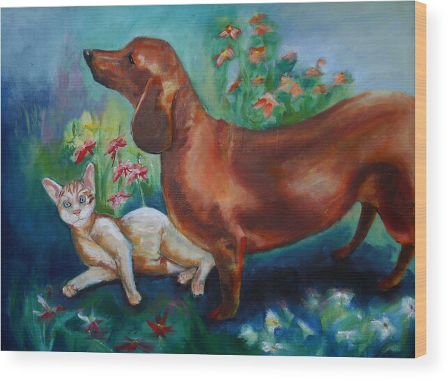 Dog Wood Print featuring the painting Dog and Cat In The Garden by Carol Jo Smidt