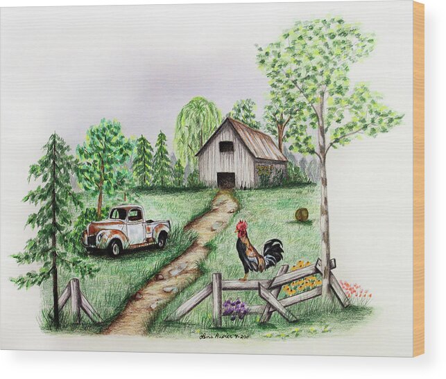 Farm Wood Print featuring the drawing Down on the Farm by Lena Auxier