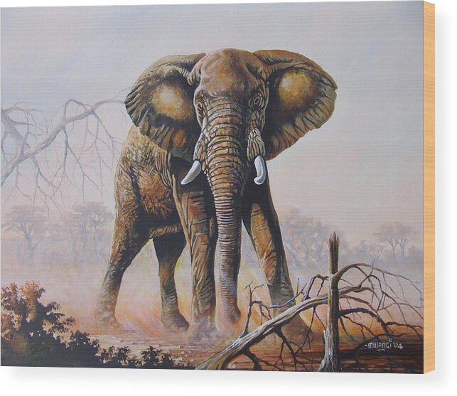 Lone Bull Wood Print featuring the painting Dusty Jumbo by Anthony Mwangi